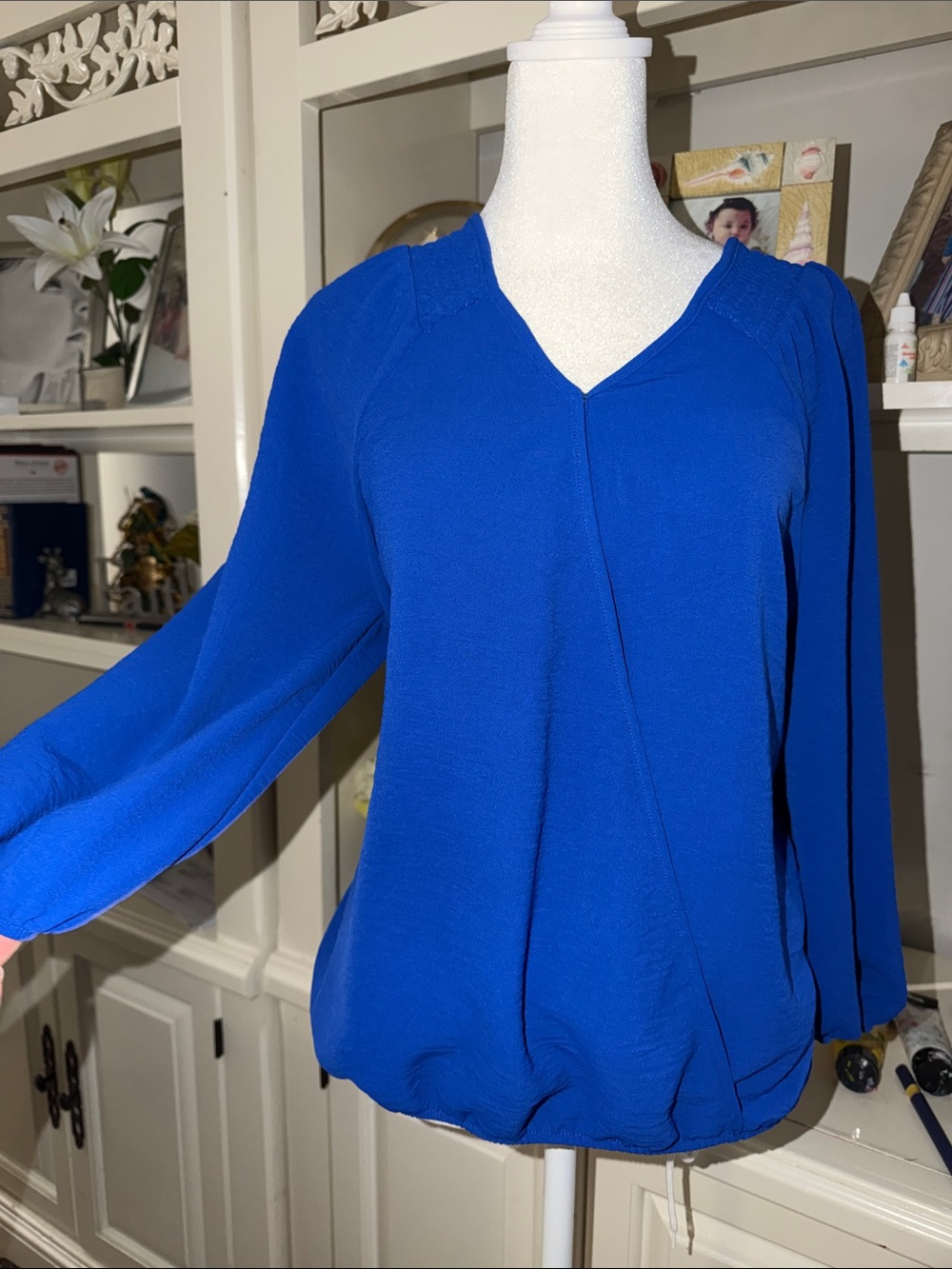 Women's V-Neck Long Sleeve Blouson Top - Cobalt Blue